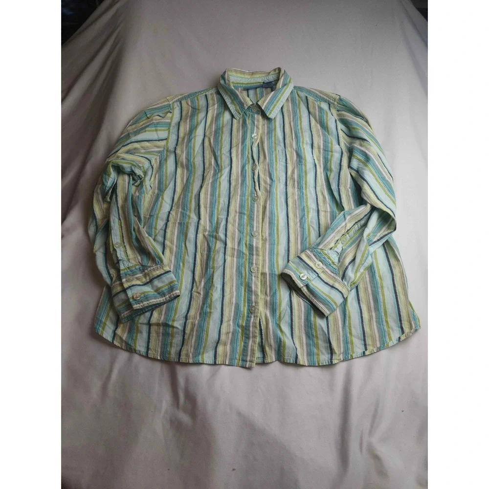 Blassport Woman 2X Striped Button Down Shirt Blue Green Lurex Metallic Cotton